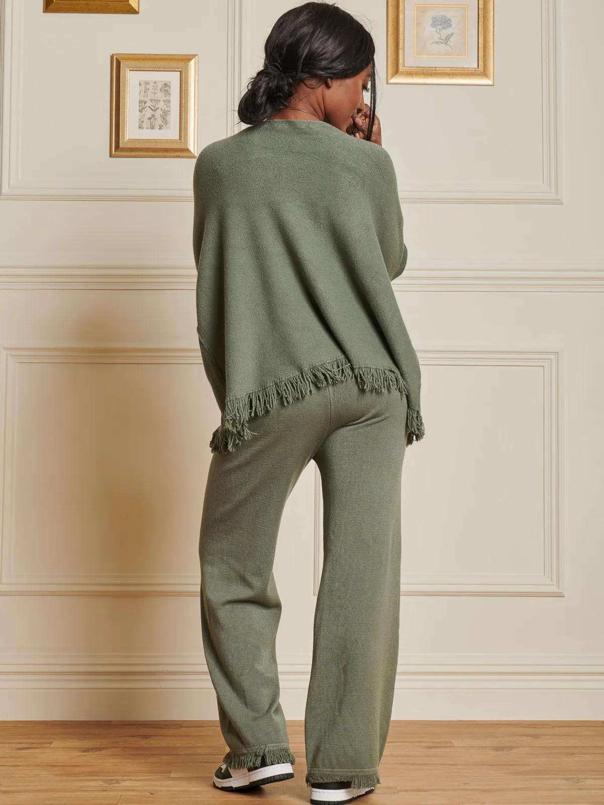 Jolie Moi Co-Ords-Knitted Fringe Detail Jumper, Soldier Green