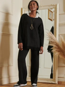 Jolie Moi Co-Ords|Weekend Casuals-Knitted Fringe Detail Trousers, Black