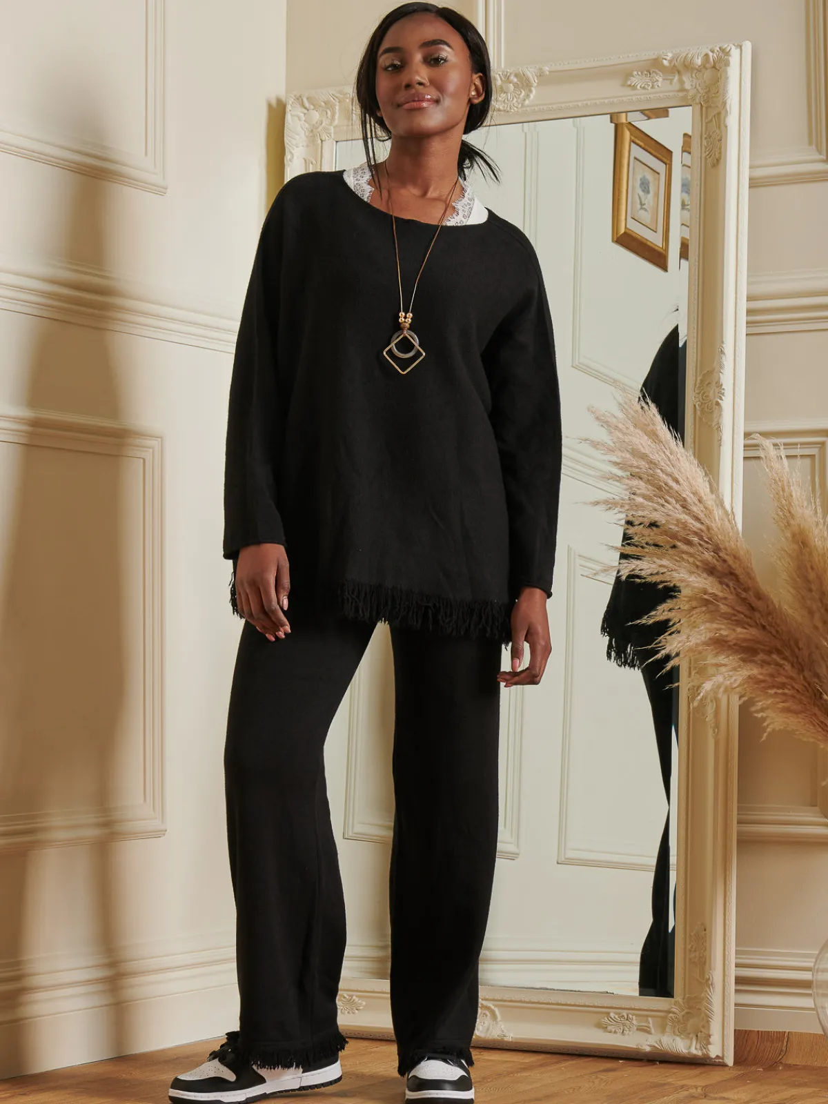 Jolie Moi Co-Ords|Weekend Casuals-Knitted Fringe Detail Trousers, Black