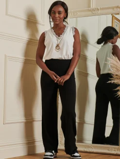 Jolie Moi Co-Ords|Weekend Casuals-Knitted Fringe Detail Trousers, Black