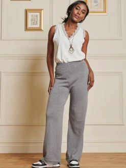 Jolie Moi Co-Ords|Weekend Casuals-Knitted Fringe Detail Trousers, Grey