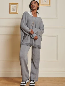 Jolie Moi Co-Ords|Weekend Casuals-Knitted Fringe Detail Trousers, Grey