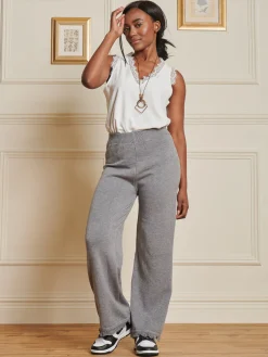 Jolie Moi Co-Ords|Weekend Casuals-Knitted Fringe Detail Trousers, Grey