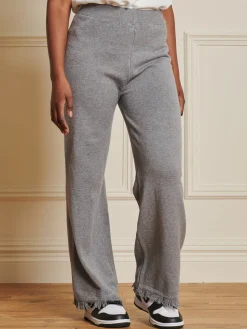 Jolie Moi Co-Ords|Weekend Casuals-Knitted Fringe Detail Trousers, Grey