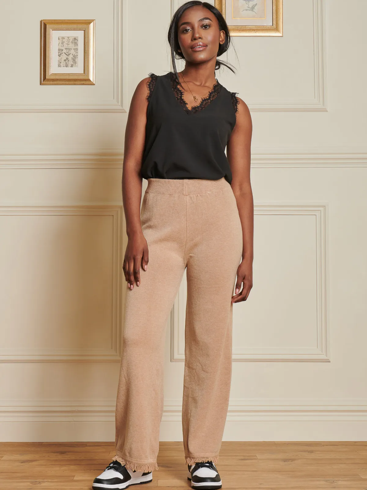 Jolie Moi Co-Ords|Weekend Casuals-Knitted Fringe Detail Trousers, Khaki