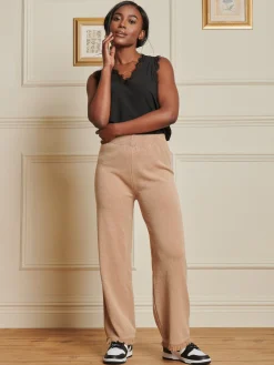 Jolie Moi Co-Ords|Weekend Casuals-Knitted Fringe Detail Trousers, Khaki