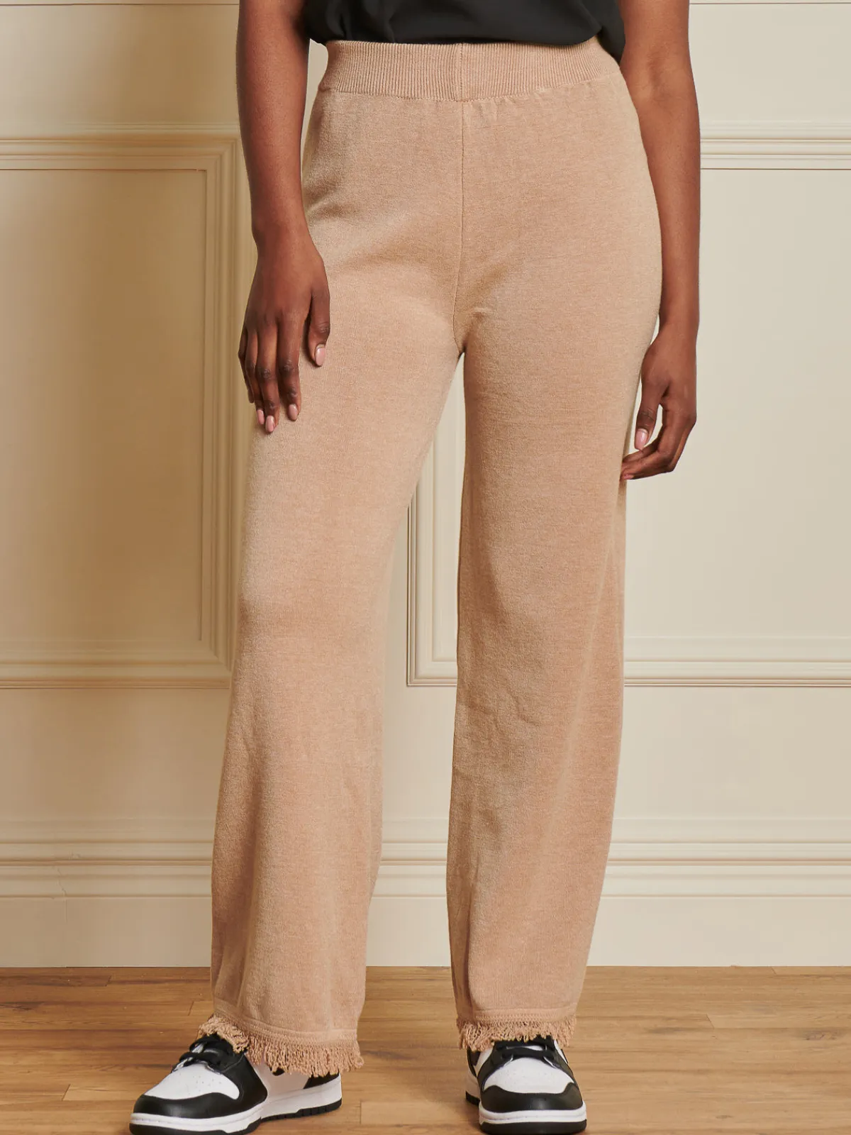 Jolie Moi Co-Ords|Weekend Casuals-Knitted Fringe Detail Trousers, Khaki