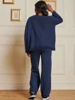 Jolie Moi Co-Ords|Weekend Casuals-Knitted Fringe Detail Trousers, Navy