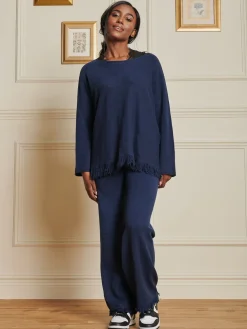 Jolie Moi Co-Ords|Weekend Casuals-Knitted Fringe Detail Trousers, Navy