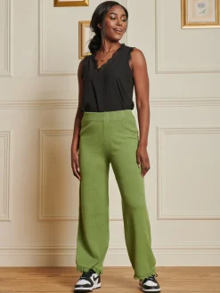 Jolie Moi Co-Ords|Knitted Trousers-Knitted Fringe Detail Trousers, Olive Green