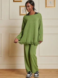 Jolie Moi Co-Ords|Knitted Trousers-Knitted Fringe Detail Trousers, Olive Green