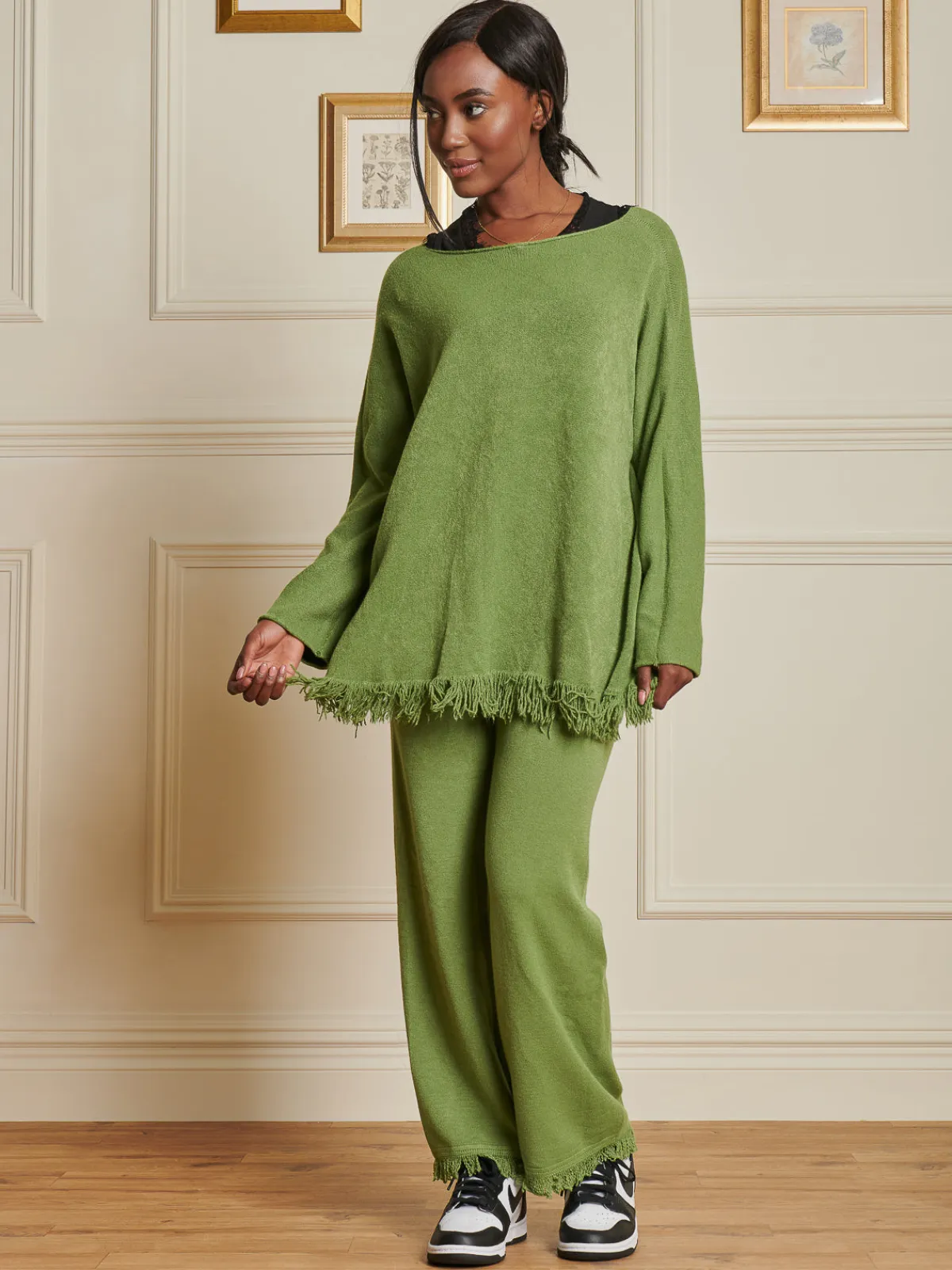 Jolie Moi Co-Ords|Knitted Trousers-Knitted Fringe Detail Trousers, Olive Green