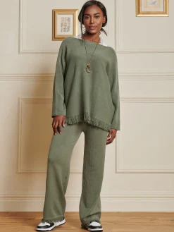 Jolie Moi Co-Ords|Weekend Casuals-Knitted Fringe Detail Trousers, Soldier Green