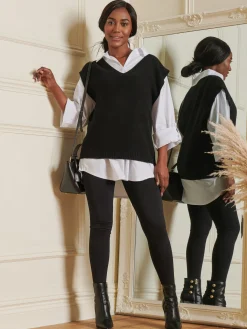 Jolie Moi Tops|Sleeveless Dresses-Knitted V-Neck Jumper Vest, Black