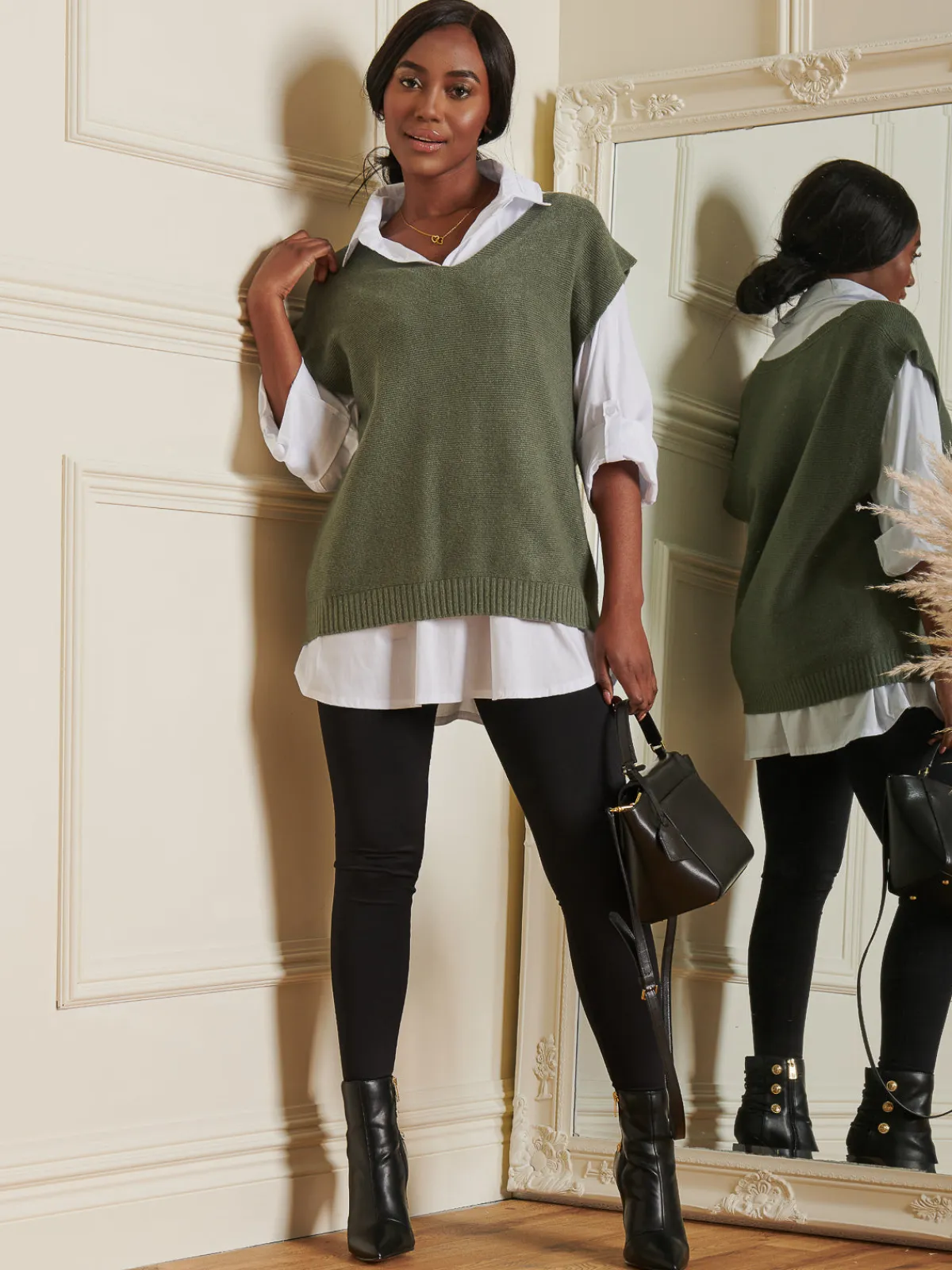 Jolie Moi Knitted Jumpers-Knitted V-Neck Jumper Vest, Soldier Green