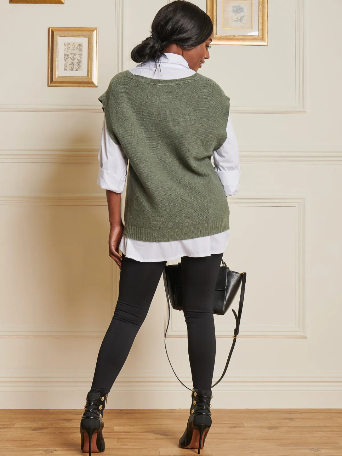 Jolie Moi Knitted Jumpers-Knitted V-Neck Jumper Vest, Soldier Green