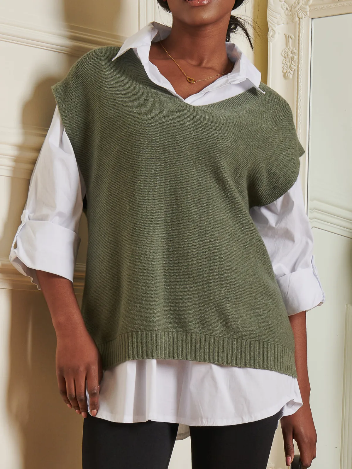 Jolie Moi Knitted Jumpers-Knitted V-Neck Jumper Vest, Soldier Green