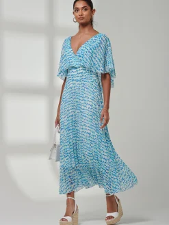 Jolie Moi Weekend Casuals|Maxi Dresses-Kyra Pleated Chiffon Maxi Dress, Blue Abstract