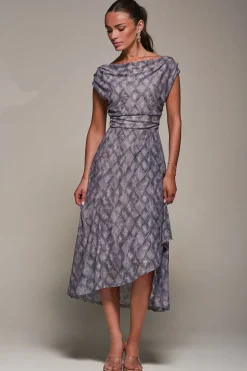 Jolie Moi Occasion Dresses|Signature Lace-Lace Asymmetrical Draped Midaxi Dress, Purple Abstract