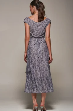 Jolie Moi Occasion Dresses|Signature Lace-Lace Asymmetrical Draped Midaxi Dress, Purple Abstract