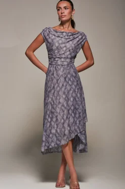 Jolie Moi Occasion Dresses|Signature Lace-Lace Asymmetrical Draped Midaxi Dress, Purple Abstract