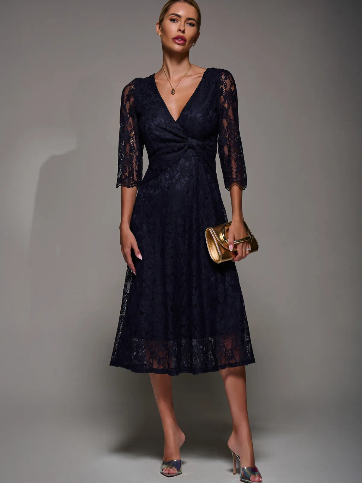 Jolie Moi Occasion Dresses|Signature Lace-Lace Detail Long Sleeve Midi Dress, Navy
