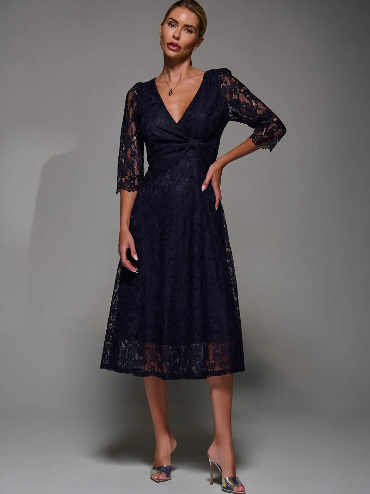 Jolie Moi Occasion Dresses|Signature Lace-Lace Detail Long Sleeve Midi Dress, Navy