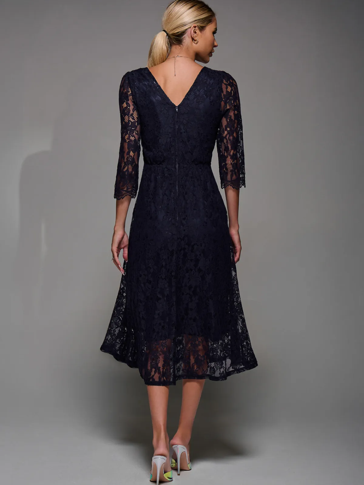 Jolie Moi Occasion Dresses|Signature Lace-Lace Detail Long Sleeve Midi Dress, Navy