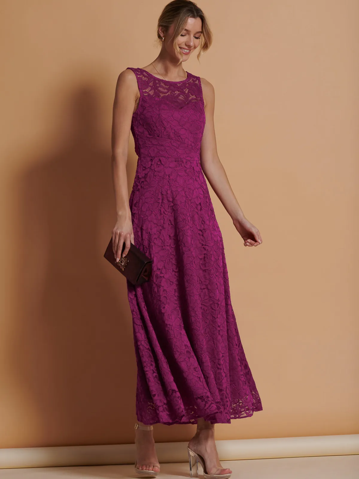 Jolie Moi Occasion Dresses|Signature Lace-Lace Fit & Flare Maxi Bridesmaid Dress, Magenta