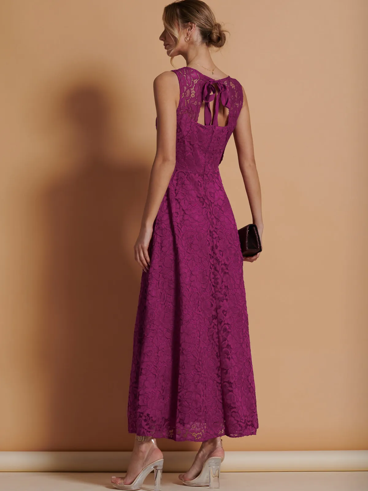 Jolie Moi Occasion Dresses|Signature Lace-Lace Fit & Flare Maxi Bridesmaid Dress, Magenta