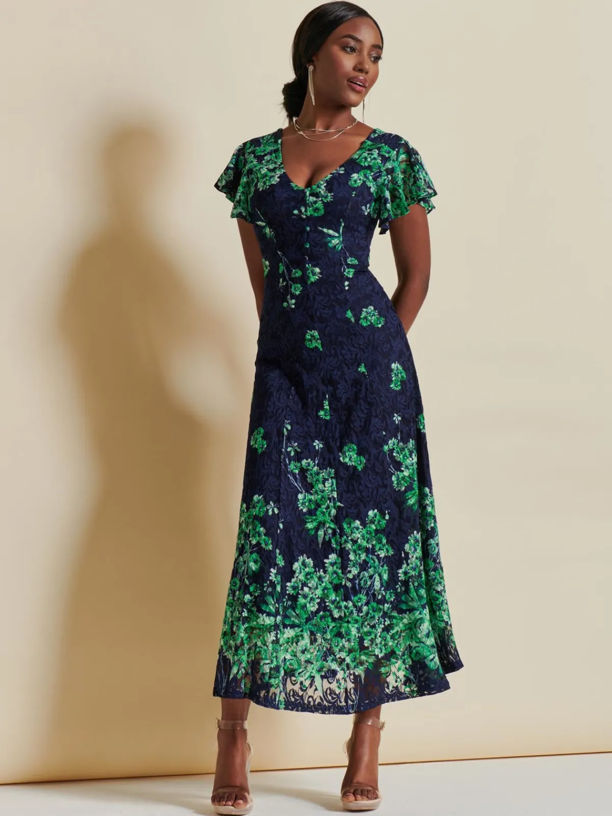 Jolie Moi Occasion Dresses|Signature Lace-Lace Floral Print Fit & Flare Maxi Dress, Green Floral