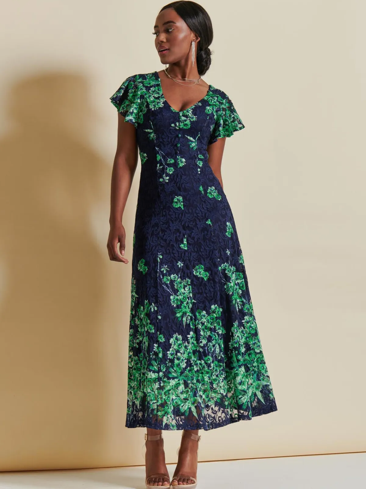 Jolie Moi Occasion Dresses|Signature Lace-Lace Floral Print Fit & Flare Maxi Dress, Green Floral