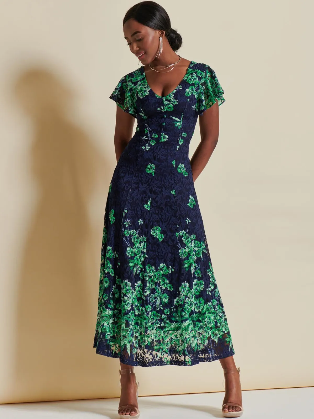 Jolie Moi Occasion Dresses|Signature Lace-Lace Floral Print Fit & Flare Maxi Dress, Green Floral