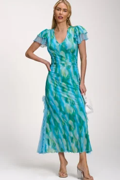 Jolie Moi Race Day Dresses|Mesh Dresses-Lace Insert Mesh Midi Dress, Blue Abstract