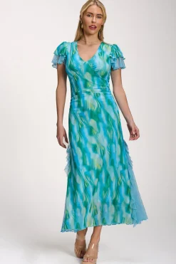 Jolie Moi Race Day Dresses|Mesh Dresses-Lace Insert Mesh Midi Dress, Blue Abstract