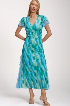 Jolie Moi Race Day Dresses|Mesh Dresses-Lace Insert Mesh Midi Dress, Blue Abstract