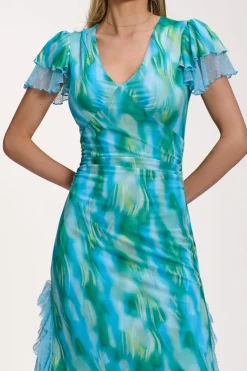 Jolie Moi Race Day Dresses|Mesh Dresses-Lace Insert Mesh Midi Dress, Blue Abstract