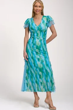 Jolie Moi Race Day Dresses|Mesh Dresses-Lace Insert Mesh Midi Dress, Blue Abstract