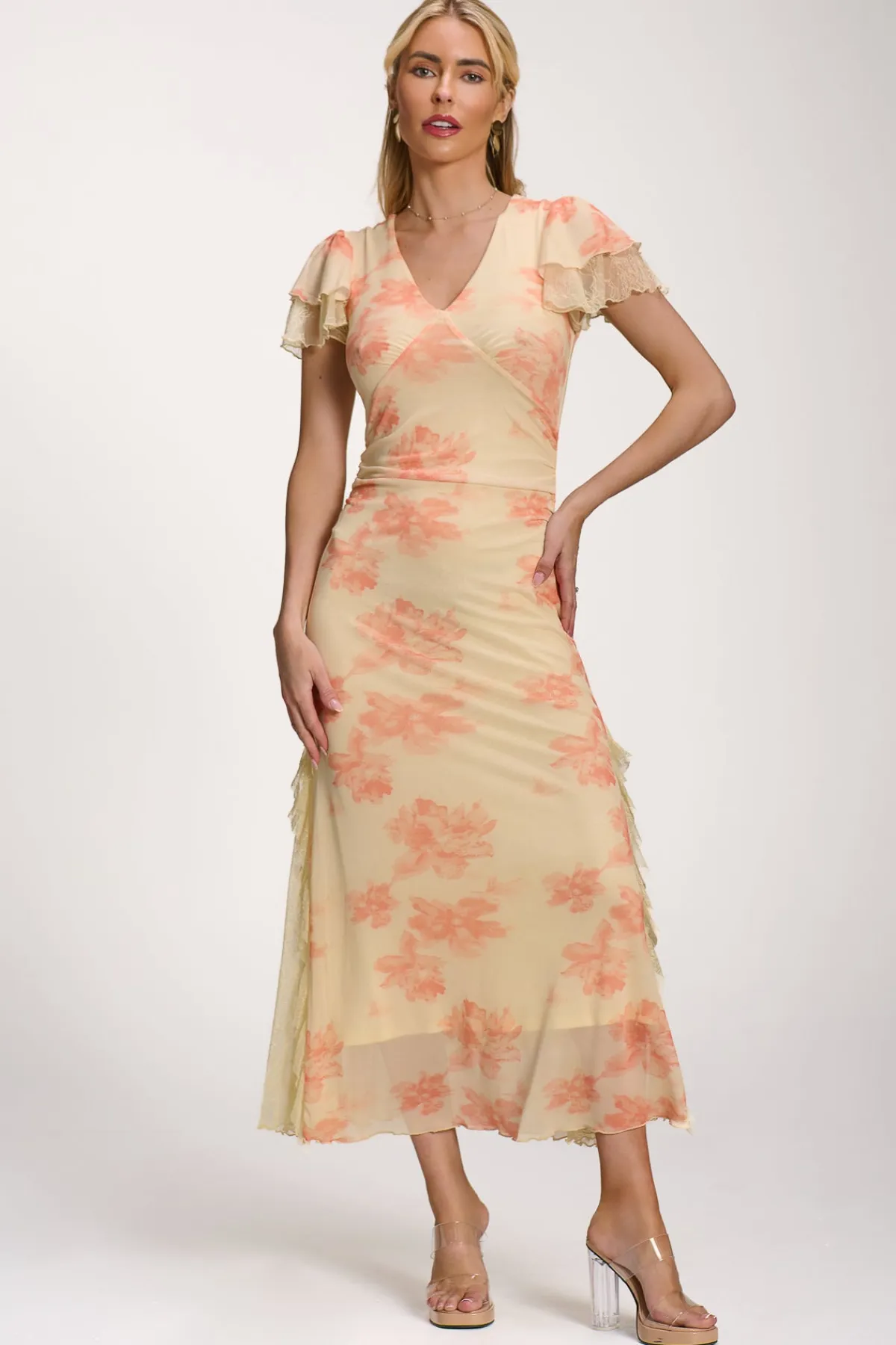 Jolie Moi Occasion Dresses|Mesh Dresses-Lace Insert Mesh Midi Dress, Orange Abstract
