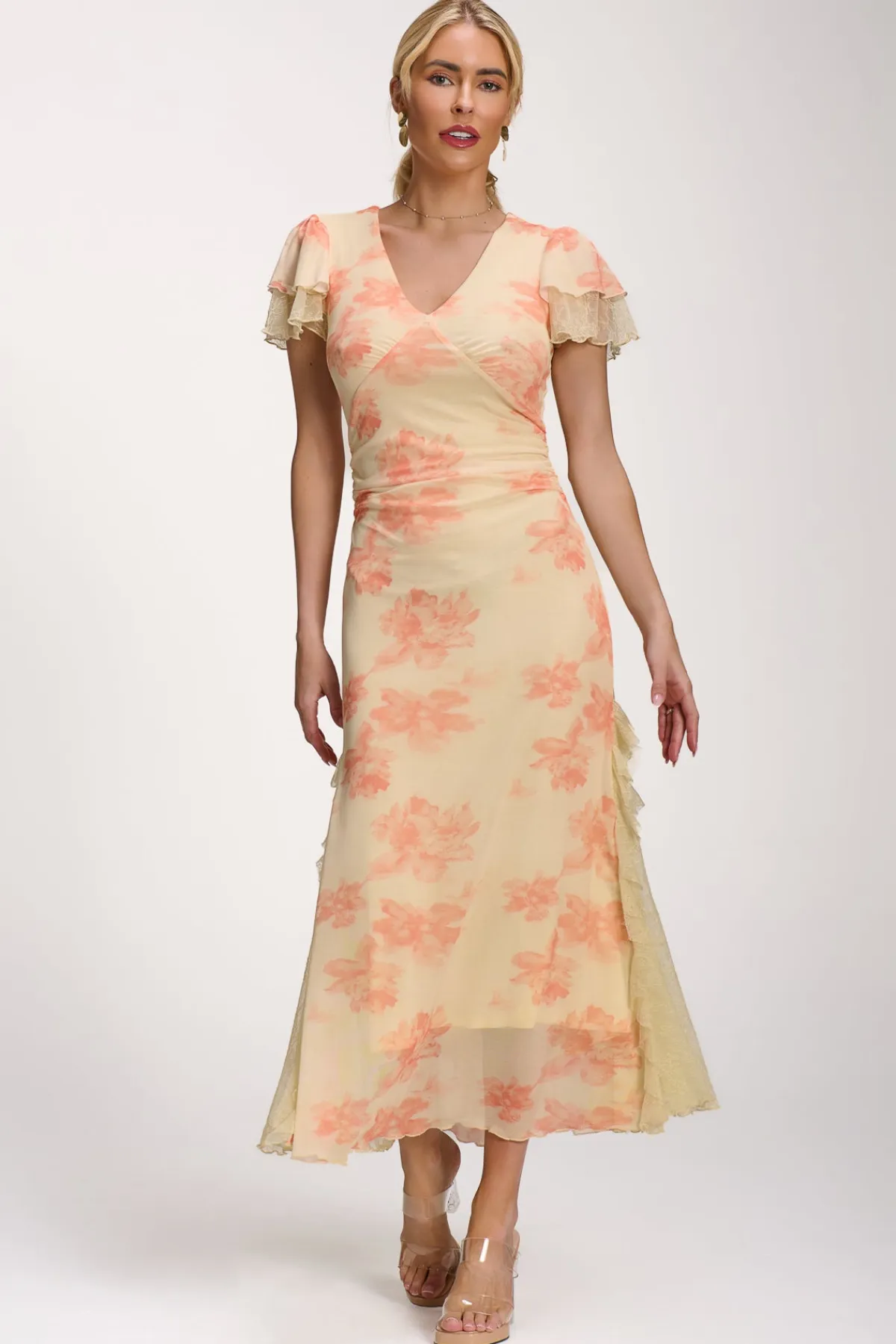 Jolie Moi Occasion Dresses|Mesh Dresses-Lace Insert Mesh Midi Dress, Orange Abstract