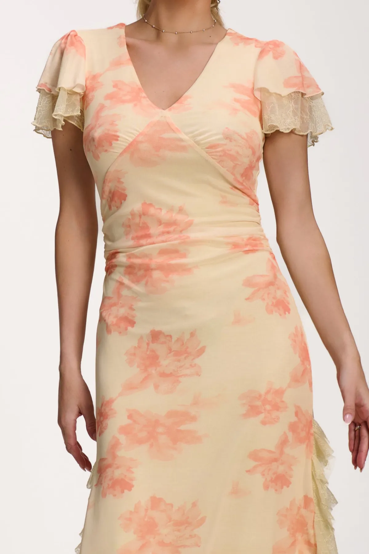 Jolie Moi Occasion Dresses|Mesh Dresses-Lace Insert Mesh Midi Dress, Orange Abstract