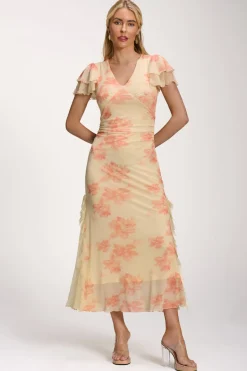 Jolie Moi Occasion Dresses|Mesh Dresses-Lace Insert Mesh Midi Dress, Orange Abstract