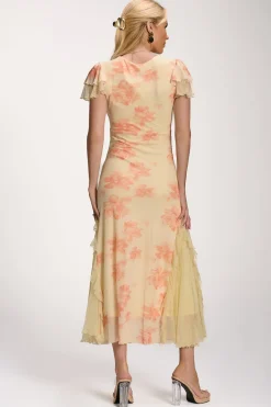 Jolie Moi Occasion Dresses|Mesh Dresses-Lace Insert Mesh Midi Dress, Orange Abstract