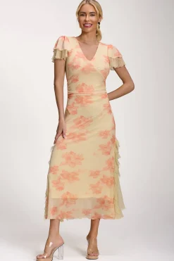 Jolie Moi Occasion Dresses|Mesh Dresses-Lace Insert Mesh Midi Dress, Orange Abstract