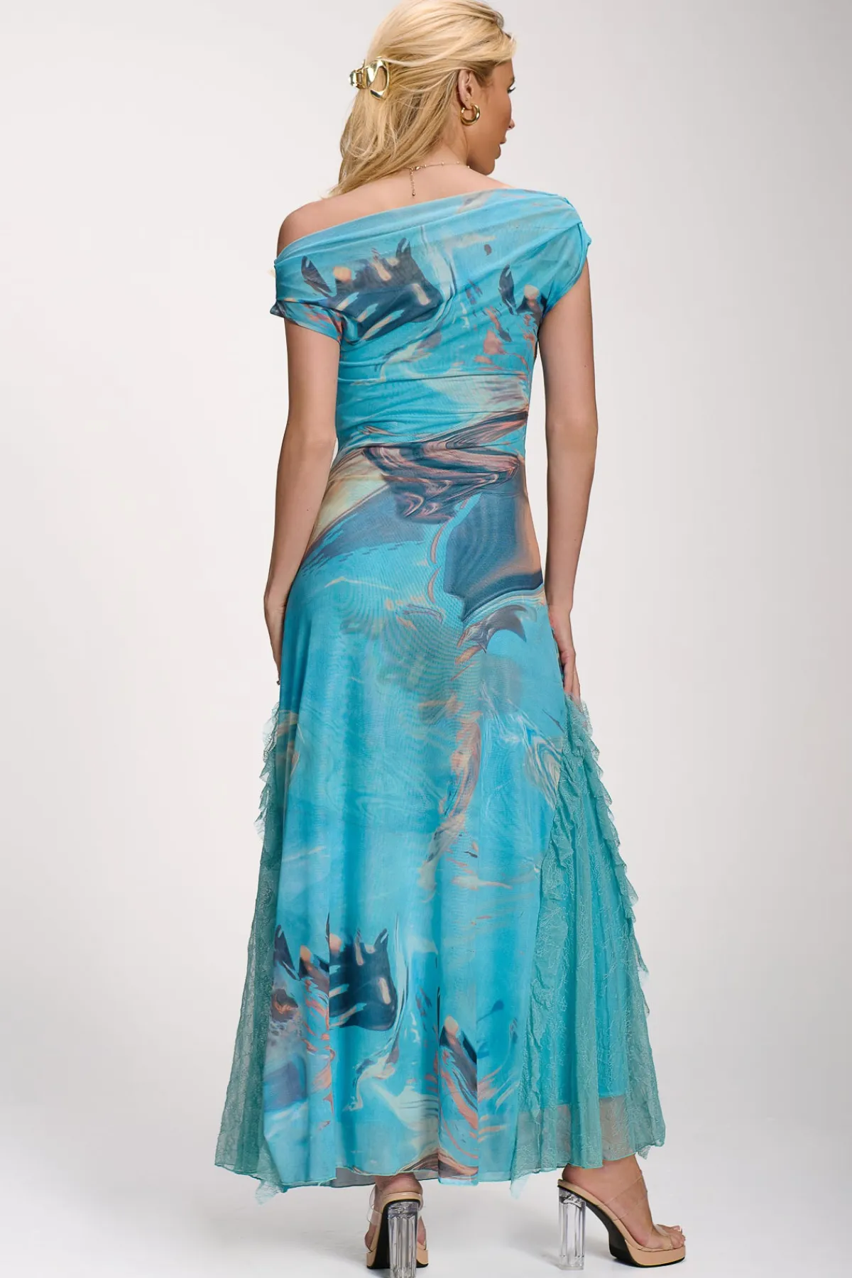Jolie Moi Occasion Dresses|Mesh Dresses-Lace Insert Ruched Mesh Maxi Dress, Blue Abstract