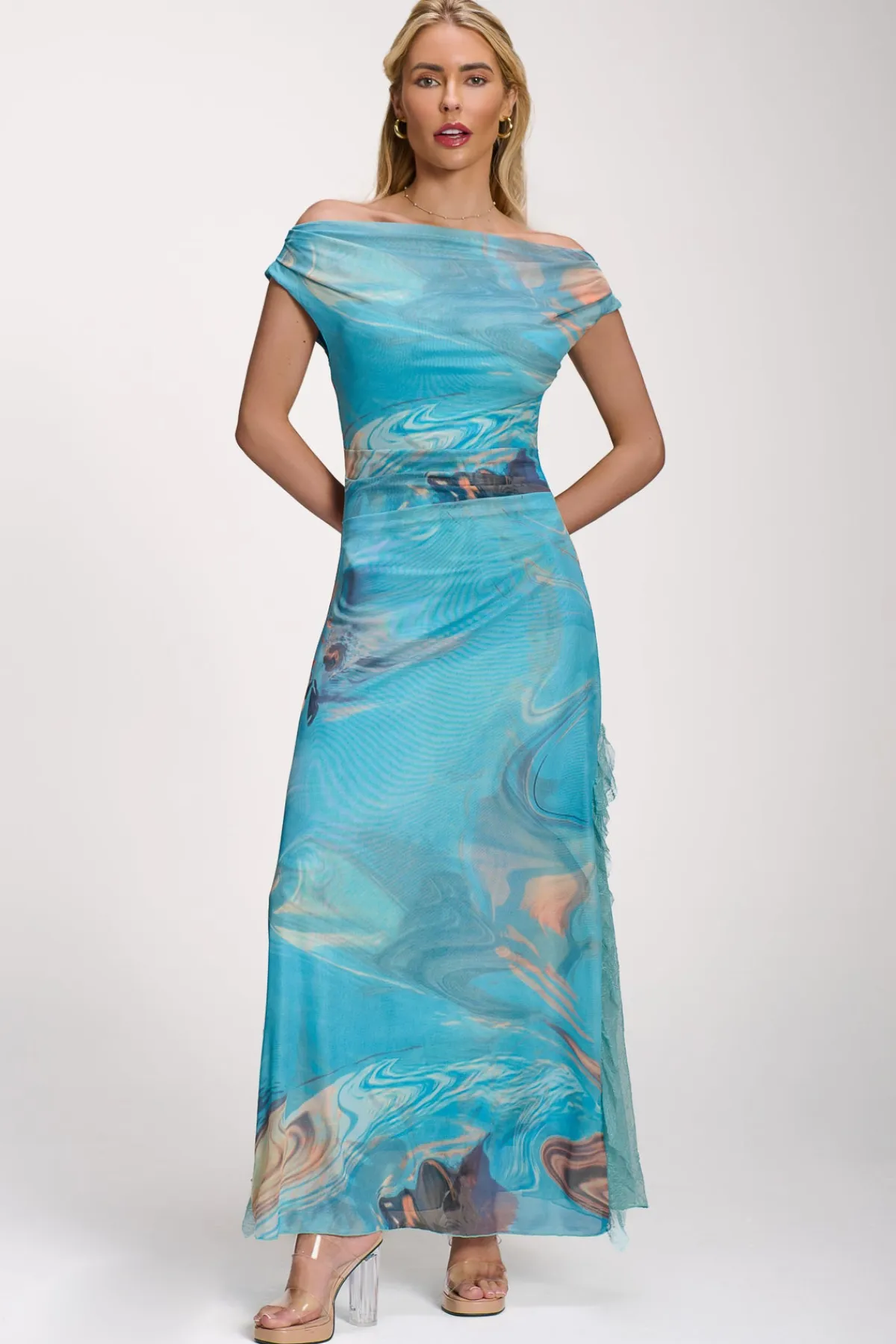 Jolie Moi Occasion Dresses|Mesh Dresses-Lace Insert Ruched Mesh Maxi Dress, Blue Abstract
