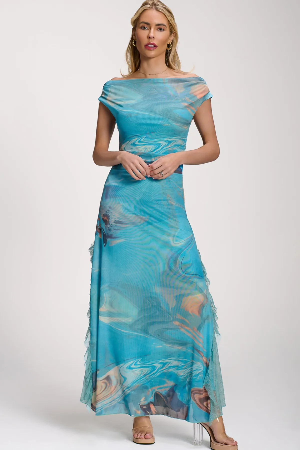 Jolie Moi Occasion Dresses|Mesh Dresses-Lace Insert Ruched Mesh Maxi Dress, Blue Abstract