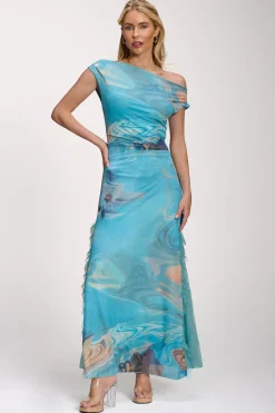 Jolie Moi Occasion Dresses|Mesh Dresses-Lace Insert Ruched Mesh Maxi Dress, Blue Abstract