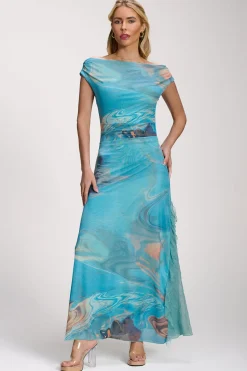 Jolie Moi Occasion Dresses|Mesh Dresses-Lace Insert Ruched Mesh Maxi Dress, Blue Abstract