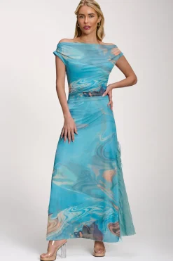 Jolie Moi Occasion Dresses|Mesh Dresses-Lace Insert Ruched Mesh Maxi Dress, Blue Abstract